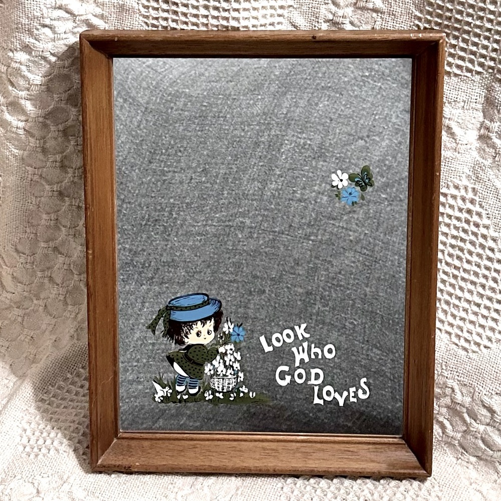 Vtg Wood Framed Wall Mirror 1970s Girl Cartoon Look Who God Loves  🤚🏽Painted